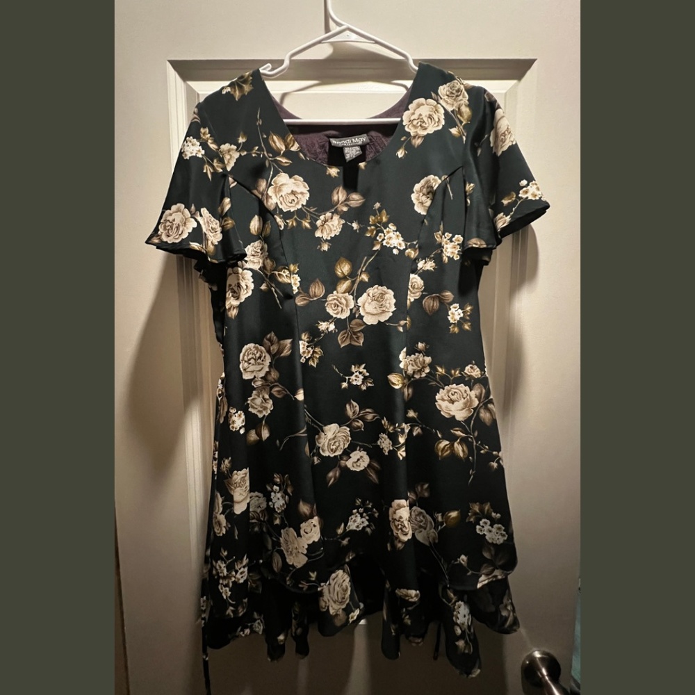 Olive green, floral dress
